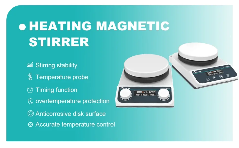 Product graphic showing a heating magnetic stirrer hot plate with digital controls and feature callouts including stirring stability, temperature probe, timing function, overtemperature protection, anticorrosive disk surface, and accurate temperature control.